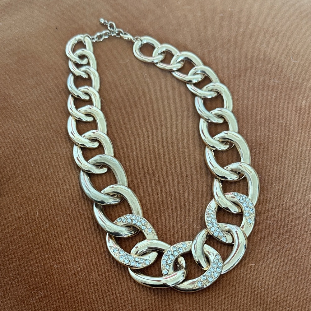 Chunky Gold Chain Necklace with Pave Crystal Links - Women Jewelry